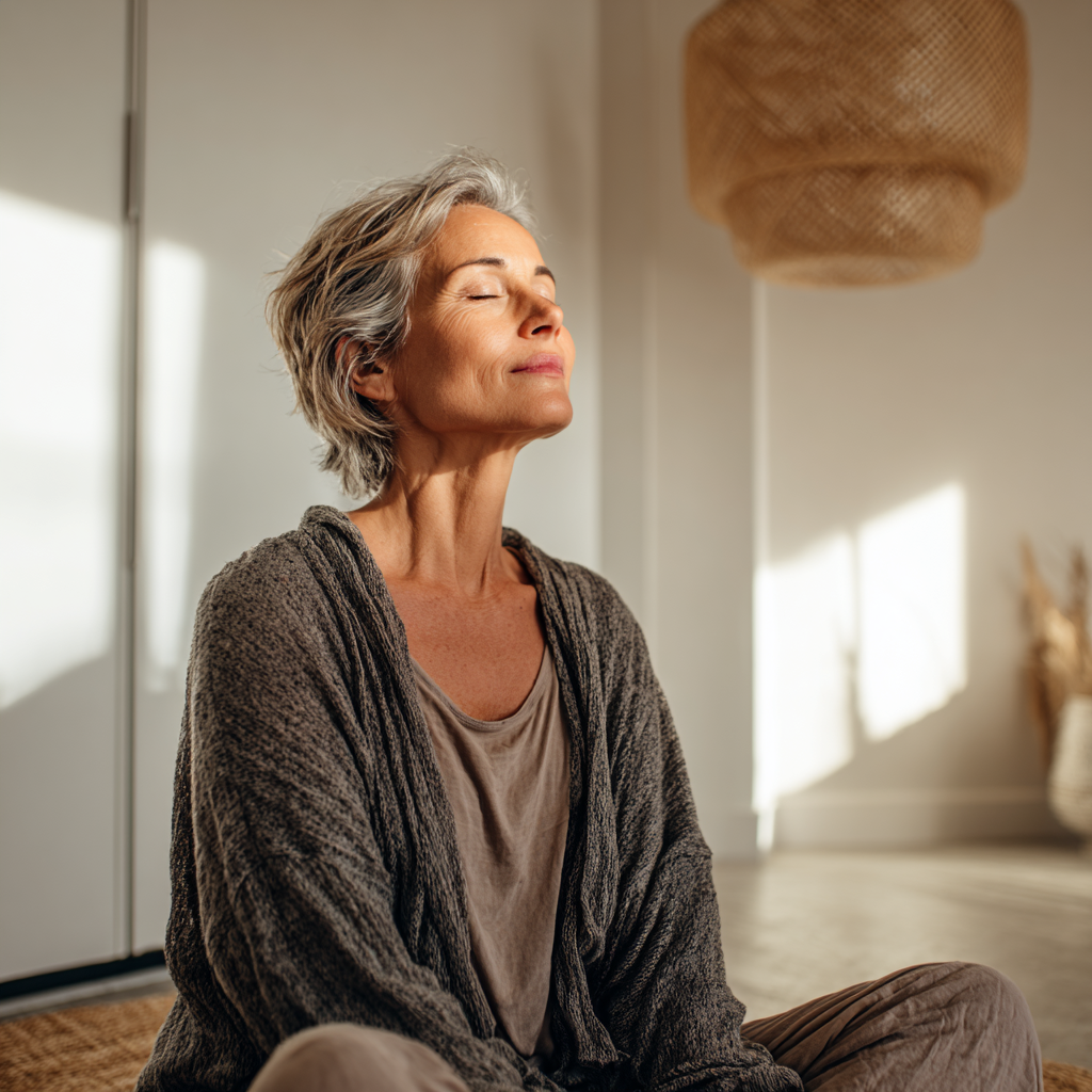 Жена на 52 години в спокойна медитативна поза със затворени очи, седяща в светла стая с минималистично обзавеждане и мека светлина