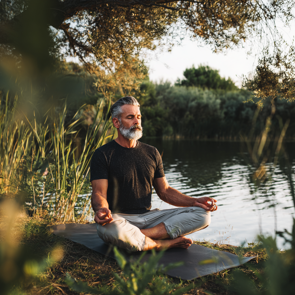 Мъж на 58 години в медитативна поза сред природа, седящ на йога постелка край езеро, заобиколен от зеленина и спокойствие