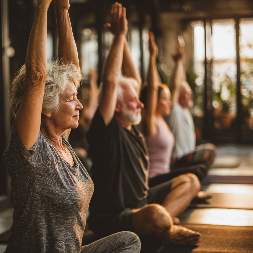 Група от хора между 50-60 години в йога клас, извършват базови разтягания на постелки в уютна стая с естествена светлина